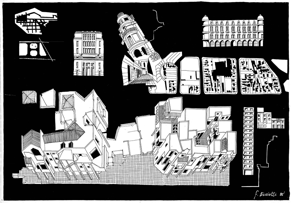 <b>"Urban Sketches I"</b> <span style= "font-size:14px">(1985)</span><br><p style = "font-size:14px">Ink and color pencil on paper<br>Ink on paper<br> 26 in x 39 in.<br>© Flavio Bisciotti</p>