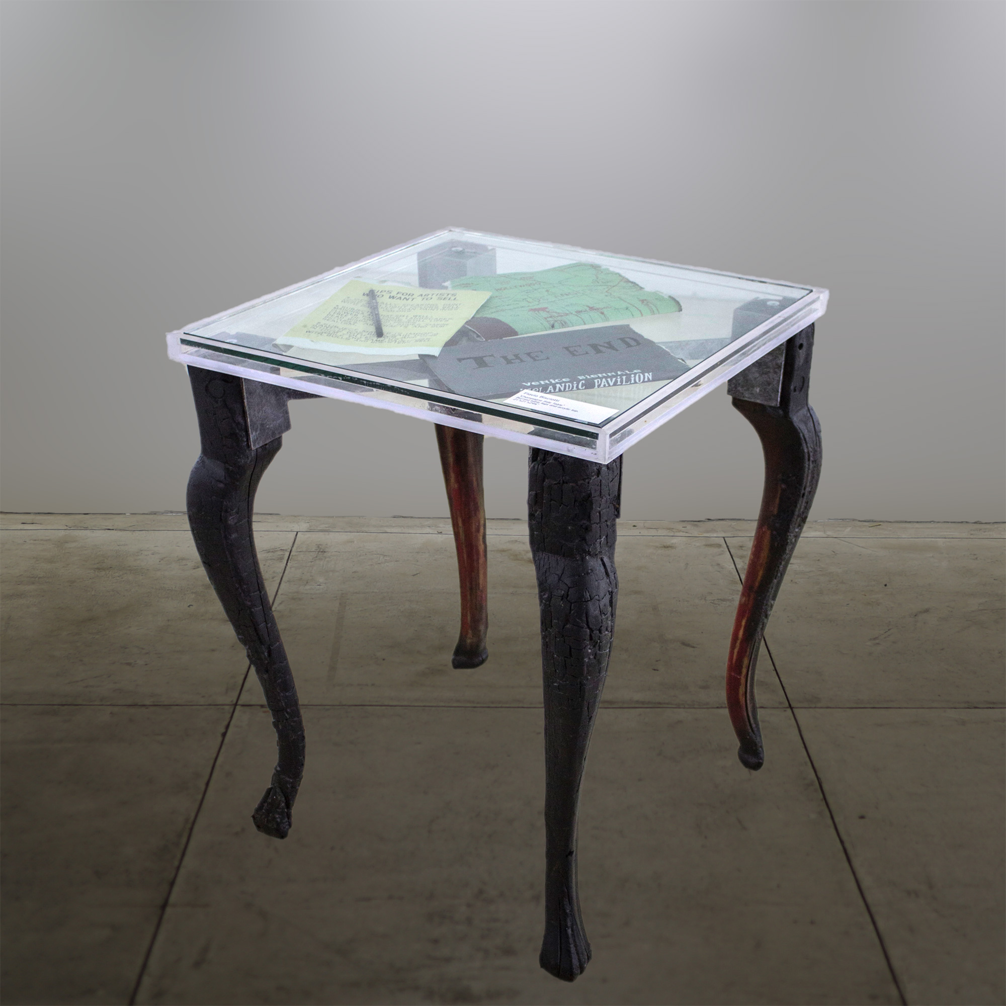“Champagne Side Table” - Burned table legs and acrylic top - 21”x21”x29-1/2” - © Flavio Bisciotti