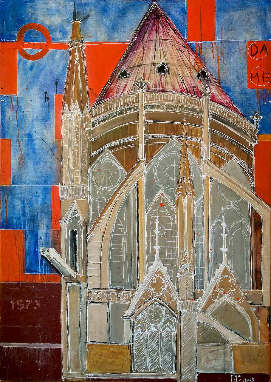<b>"Paris – Notre Dame"</b> <span style= "font-size:14px">(2011)</span><br> <p style = "font-size:14px">Acrylic on canvas<br>48 in x 70 in<br>© Flavio Bisciotti</p>